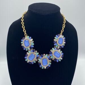 Women Gold Tone Blue Faux Gems Rhinestones Statement Bib Chain Necklace